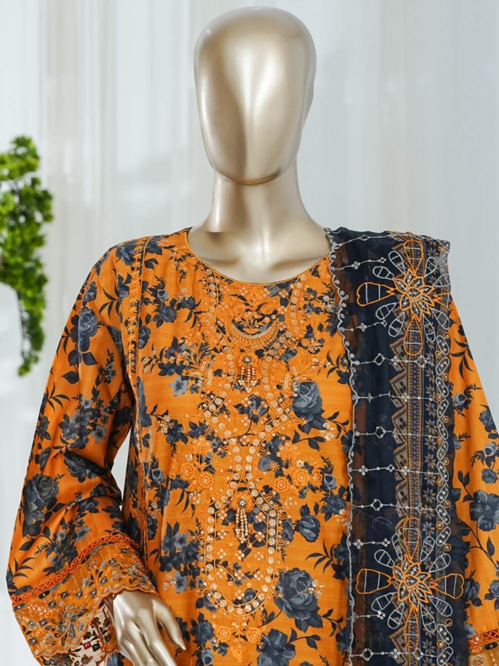 Orange Floral Embroidered Women's Dress with Contrasting Scarf